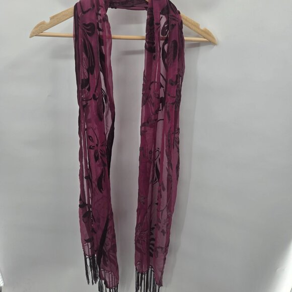 INC Burgundy Wine Sheer Velvet Floral Burnout Whimsigoth Tassel Scarf One Size - Picture 4 of 12